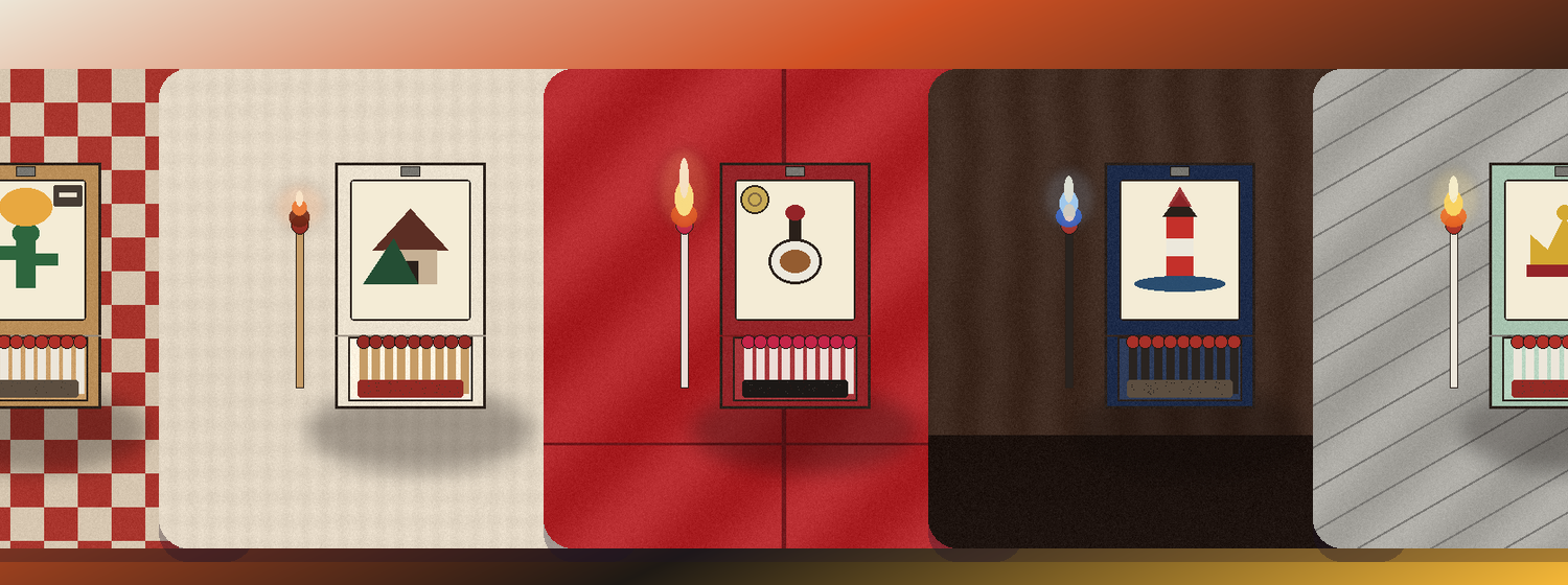 Five Caldera matchbooks lined up
