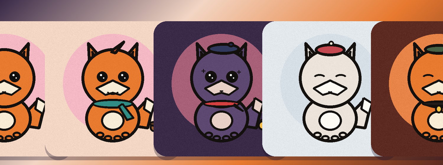 Five Foxins lined up as round stickers