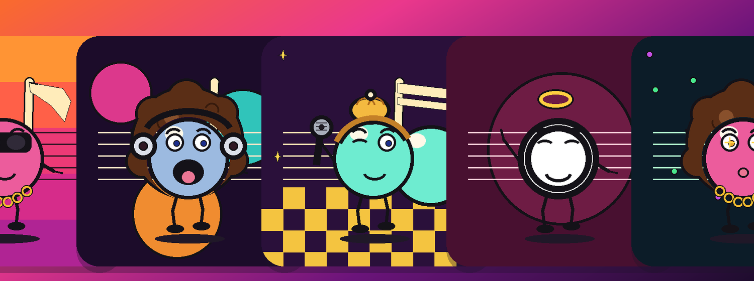 Five Groovy Nation cartoon notes lined up as portraits