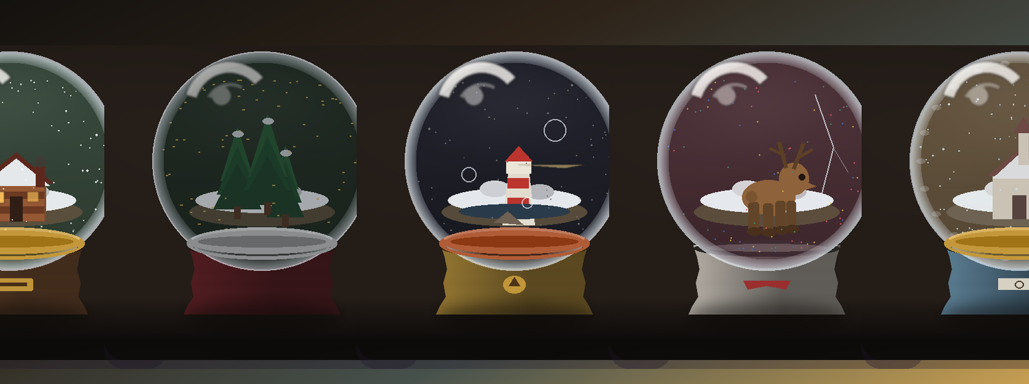 Five Nivora snow globes lined up