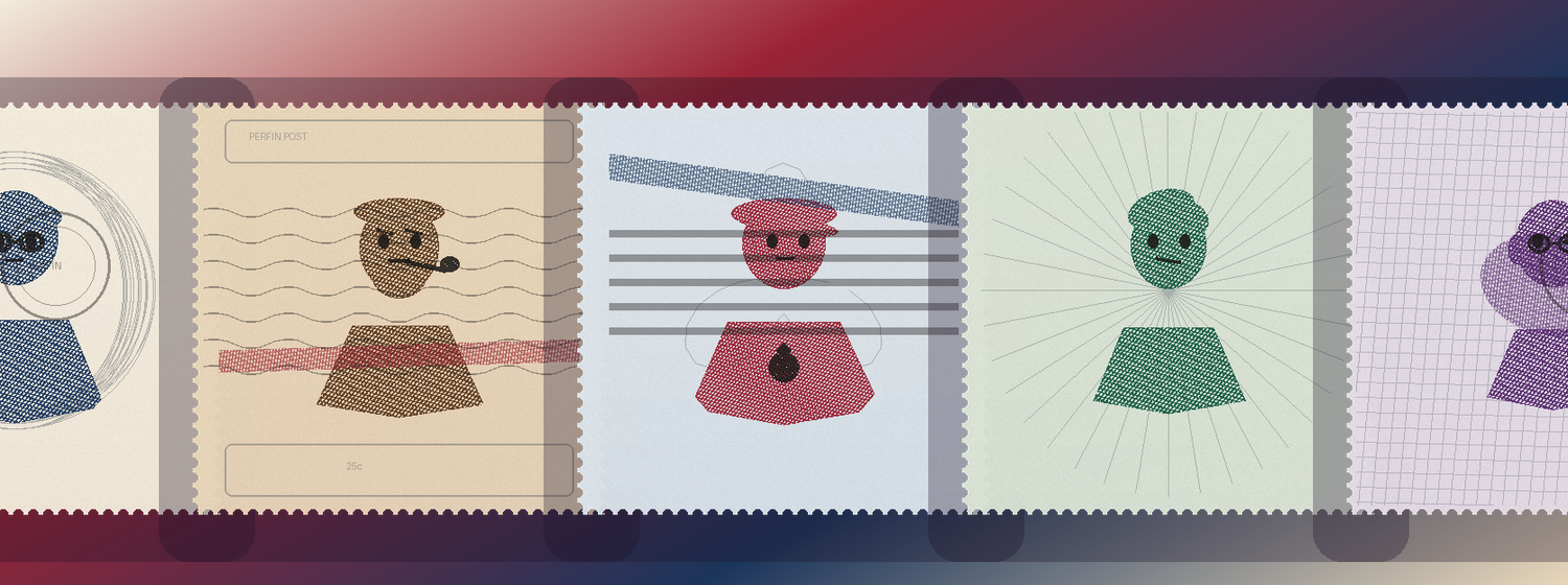 Five Perfin engraved stamp portraits lined up