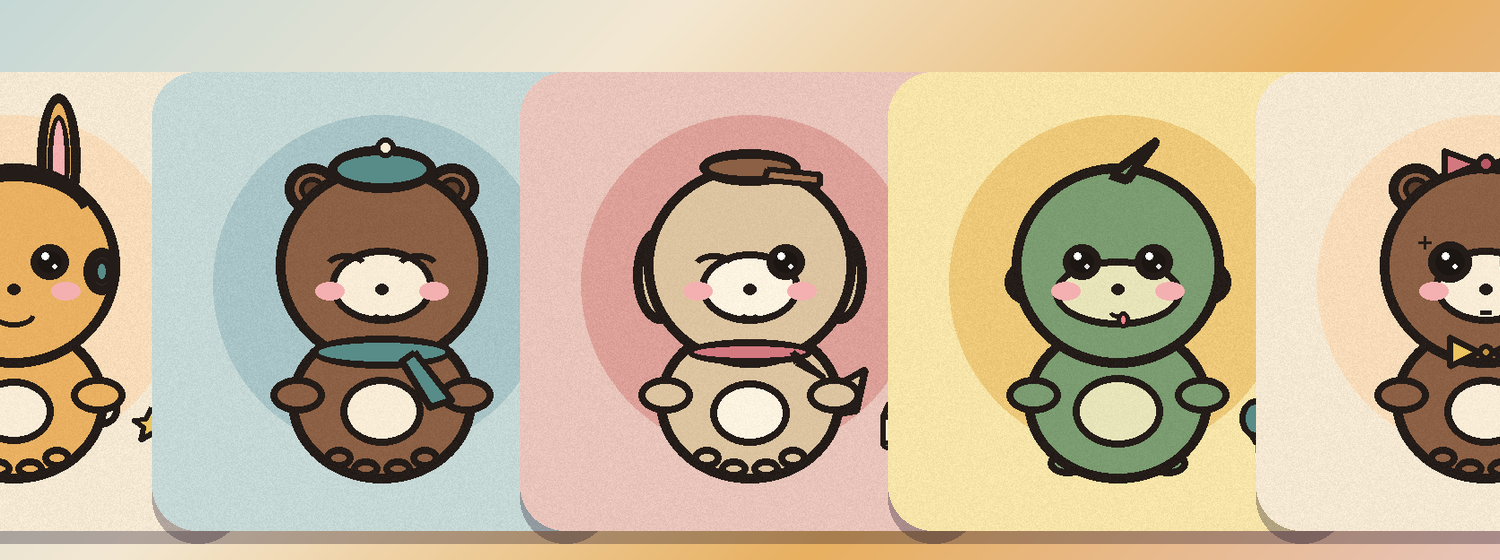 Five Scribblins lined up as friendly doodle portraits