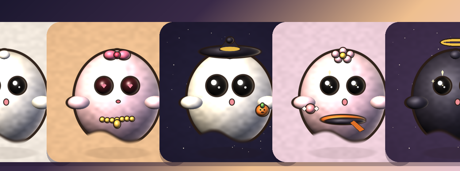 Five Halloween Shook'ums lined up as round stickers